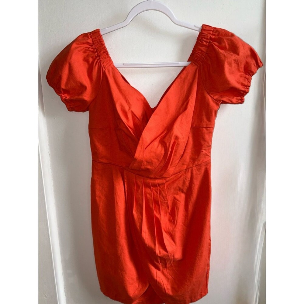 Nasty Gal NWT Linen Puff Sleeve Mini Dress Coral Orange Size 10 Summer Brunch - Picture 11 of 12